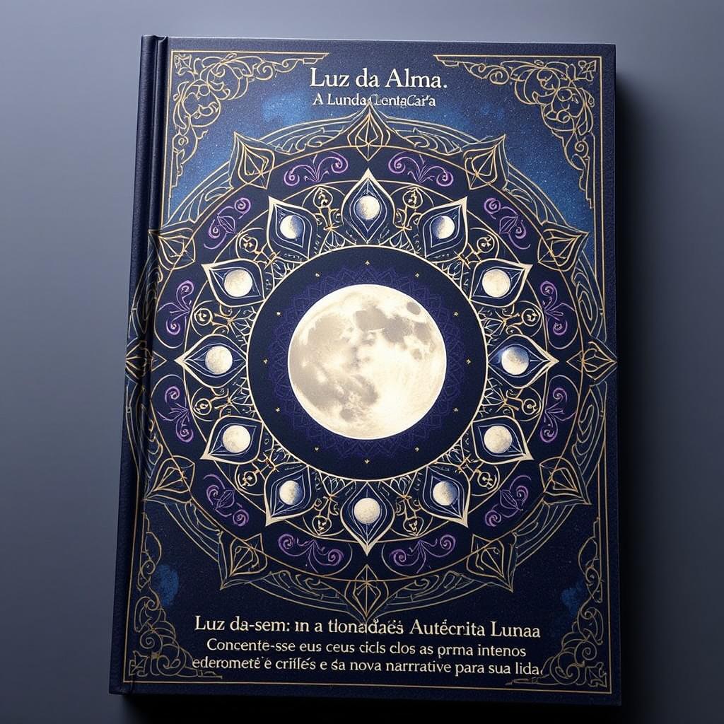 Book cover design for 'Luz da Alma: A Transformação Pessoal através Autoescrita Lunar' featuring a striking and interactive lunar mandala that embodies personal transformation