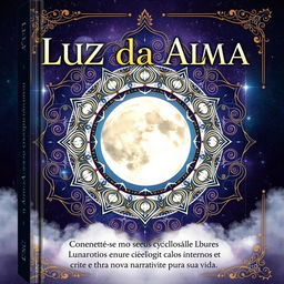 Book cover design for 'Luz da Alma: A Transformação Pessoal através Autoescrita Lunar' featuring a striking and interactive lunar mandala that embodies personal transformation