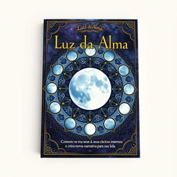 Book cover design for 'Luz da Alma: A Transformação Pessoal através Autoescrita Lunar' featuring a striking and interactive lunar mandala that embodies personal transformation