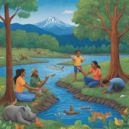 A vibrant environmental poster featuring diverse individuals acting as protectors, nurturing and enriching nature in creative ways. Trees, animals, rivers, and mountains abound in the background, communicating unity and resilience for the Earth's preservation.