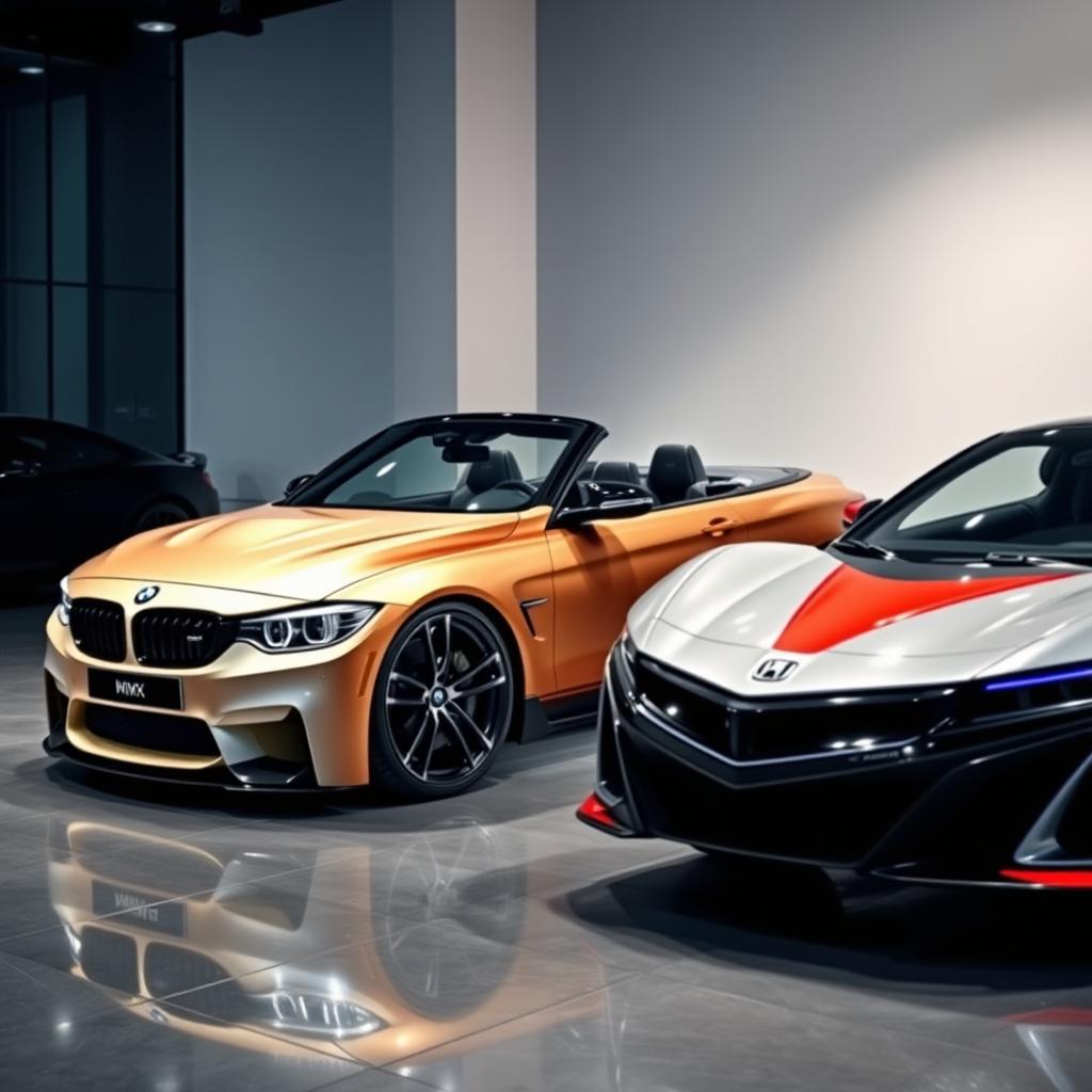 A modified BMW Series 4 Convertible transformed into a stunning supercar, featuring an aggressive aerodynamic design, sleek body lines, a lowered stance, and an eye-catching vibrant paint job