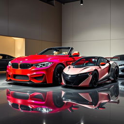 A modified BMW Series 4 Convertible transformed into a stunning supercar, featuring an aggressive aerodynamic design, sleek body lines, a lowered stance, and an eye-catching vibrant paint job