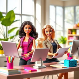 A cheerful scene featuring two Barbie dolls dressed in stylish, professional outfits, happily engaged in a productive workspace