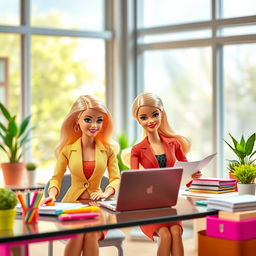 A cheerful scene featuring two Barbie dolls dressed in stylish, professional outfits, happily engaged in a productive workspace