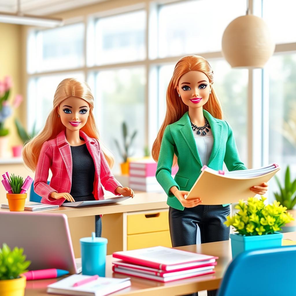 A cheerful scene featuring two Barbie dolls dressed in stylish, professional outfits, happily engaged in a productive workspace