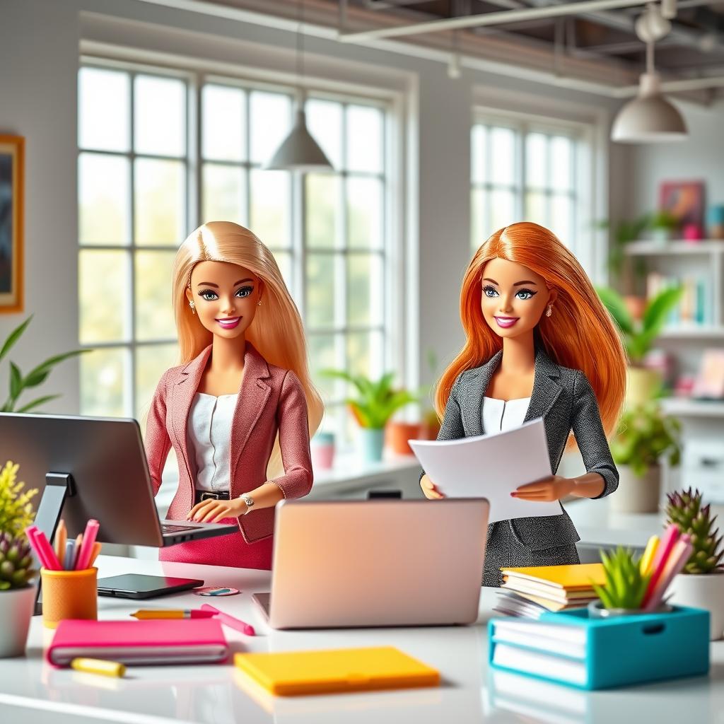 A cheerful scene featuring two Barbie dolls dressed in stylish, professional outfits, happily engaged in a productive workspace