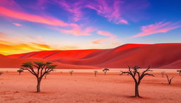 A stunning landscape of Namibia showcasing the unique dunes of Sossusvlei at sunset, with vibrant orange and red hues illuminating the sky, contrasting with the iconic red sand dunes