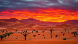 A stunning landscape of Namibia showcasing the unique dunes of Sossusvlei at sunset, with vibrant orange and red hues illuminating the sky, contrasting with the iconic red sand dunes