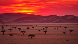 A stunning landscape of Namibia showcasing the unique dunes of Sossusvlei at sunset, with vibrant orange and red hues illuminating the sky, contrasting with the iconic red sand dunes