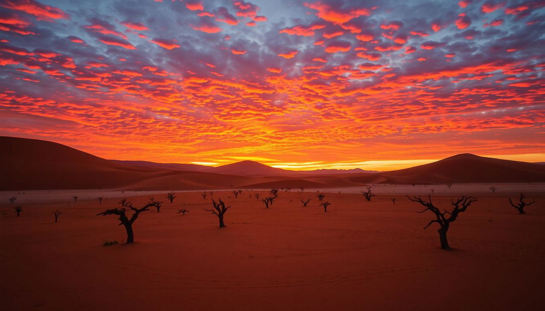 A stunning landscape of Namibia showcasing the unique dunes of Sossusvlei at sunset, with vibrant orange and red hues illuminating the sky, contrasting with the iconic red sand dunes