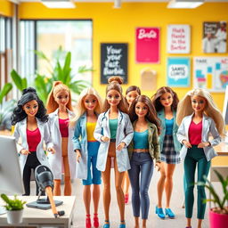 A vibrant scene showcasing a diverse group of working-class Barbie dolls engaging in various occupations that promote happiness in the workplace