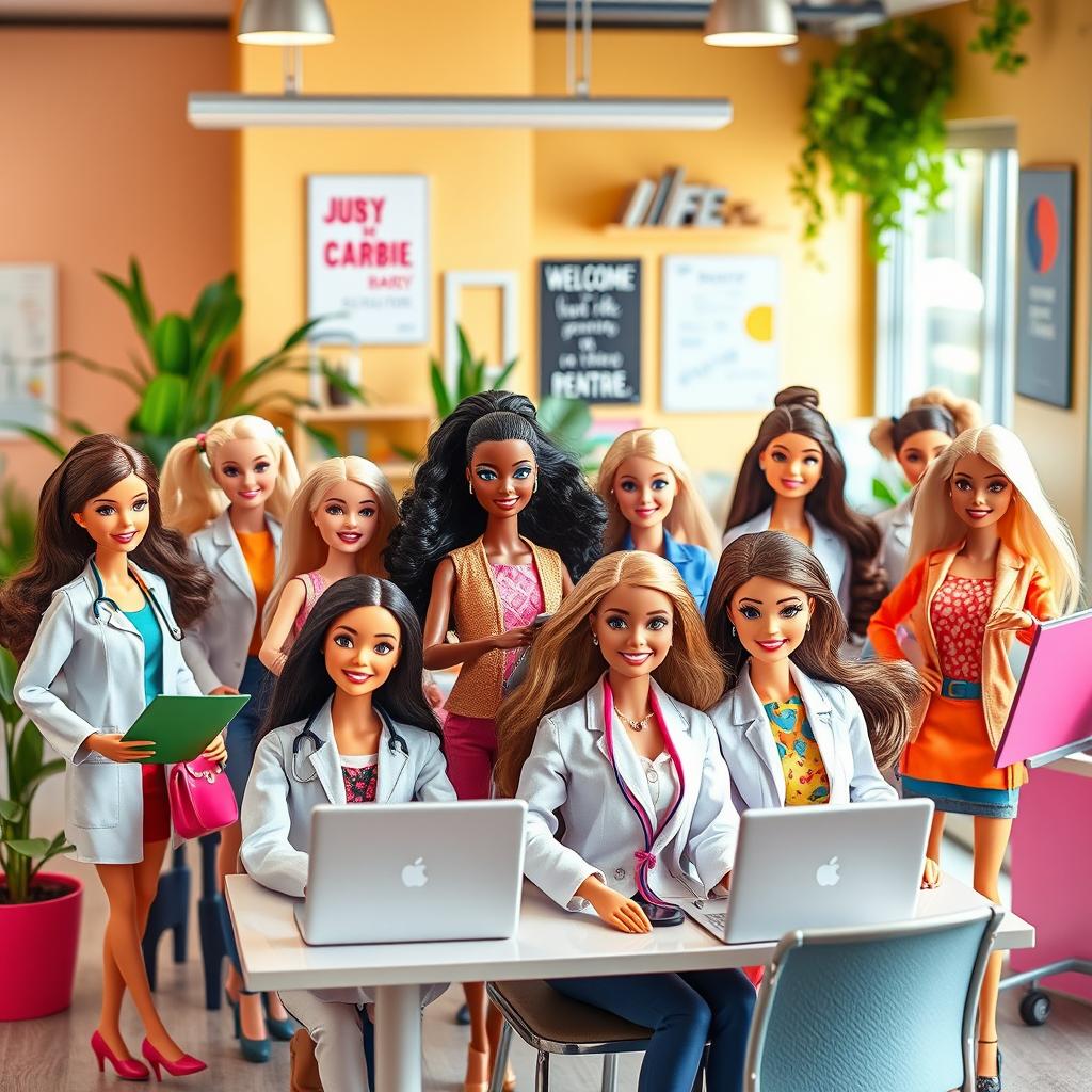 A vibrant scene showcasing a diverse group of working-class Barbie dolls engaging in various occupations that promote happiness in the workplace