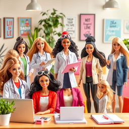 A vibrant scene showcasing a diverse group of working-class Barbie dolls engaging in various occupations that promote happiness in the workplace