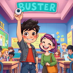 A vibrant and whimsical illustration depicting Buster, a young boy with dark hair and a quirky feature of a popping-out eyeball, in a lively classroom setting