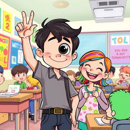 A vibrant and whimsical illustration depicting Buster, a young boy with dark hair and a quirky feature of a popping-out eyeball, in a lively classroom setting