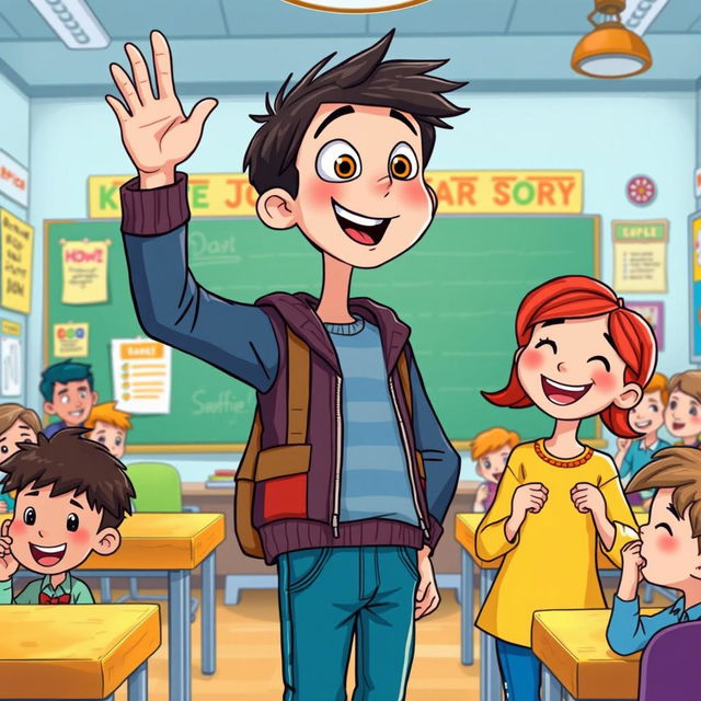 A vibrant and whimsical illustration depicting Buster, a young boy with dark hair and a quirky feature of a popping-out eyeball, in a lively classroom setting