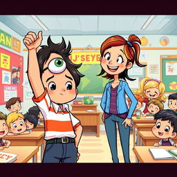 A vibrant and whimsical illustration depicting Buster, a young boy with dark hair and a quirky feature of a popping-out eyeball, in a lively classroom setting