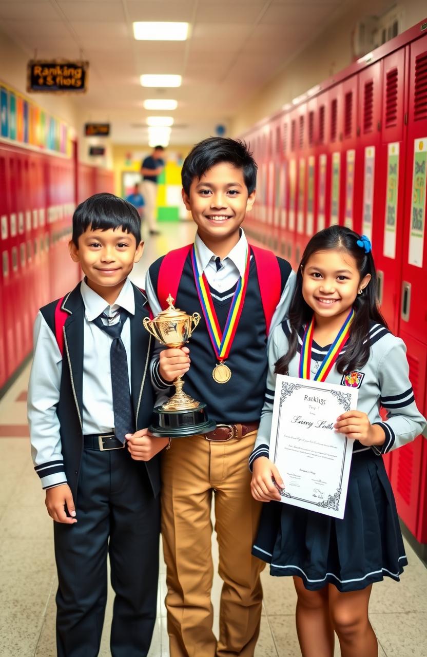 A vibrant and engaging scene showcasing the top three students of a ranking system in a school setting