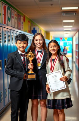 A vibrant and engaging scene showcasing the top three students of a ranking system in a school setting