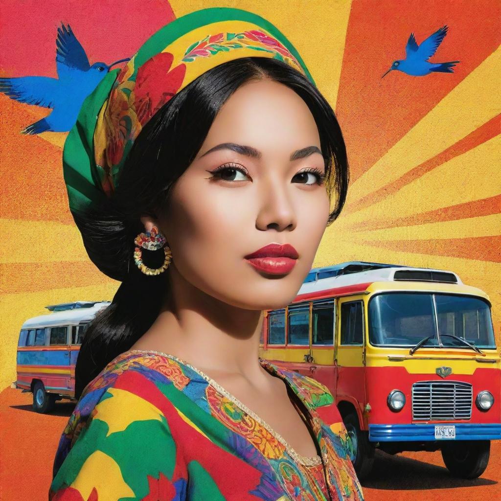 A pop art styled image featuring a vibrant Filipina woman in traditional attire. In the foreground are stylized, bold color representations of a jeepney, the Philippine archipelago, and a sunbird against a comic-like halftone background.