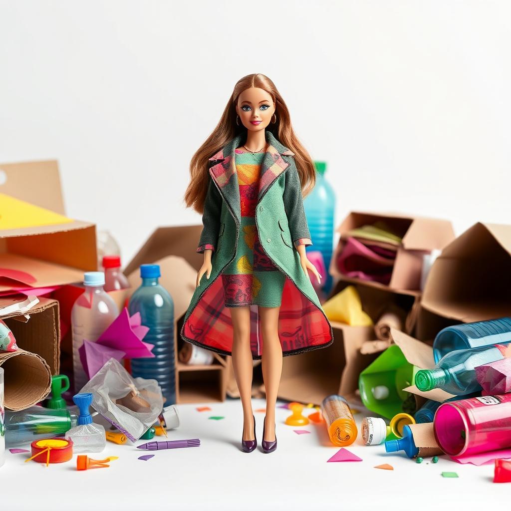 A single Barbie doll prominently featured on a clean white background, surrounded by a diverse array of recycled materials