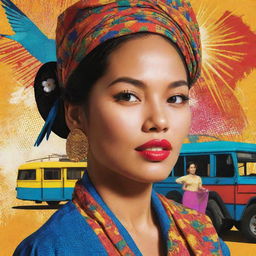 A pop art styled image featuring a vibrant Filipina woman in traditional attire. In the foreground are stylized, bold color representations of a jeepney, the Philippine archipelago, and a sunbird against a comic-like halftone background.