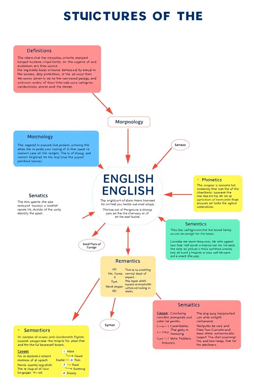 A detailed illustrative diagram showcasing the structures of the English language, including syntax, morphology, phonetics, and semantics