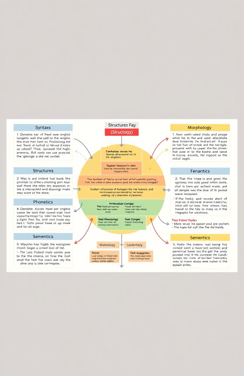 A detailed illustrative diagram showcasing the structures of the English language, including syntax, morphology, phonetics, and semantics