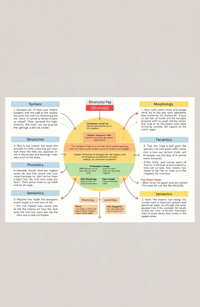 A detailed illustrative diagram showcasing the structures of the English language, including syntax, morphology, phonetics, and semantics