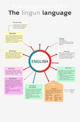 A detailed illustrative diagram showcasing the structures of the English language, including syntax, morphology, phonetics, and semantics