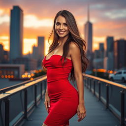 A stunning sexy woman with long flowing hair, wearing a tight-fitting red dress that accentuates her curves