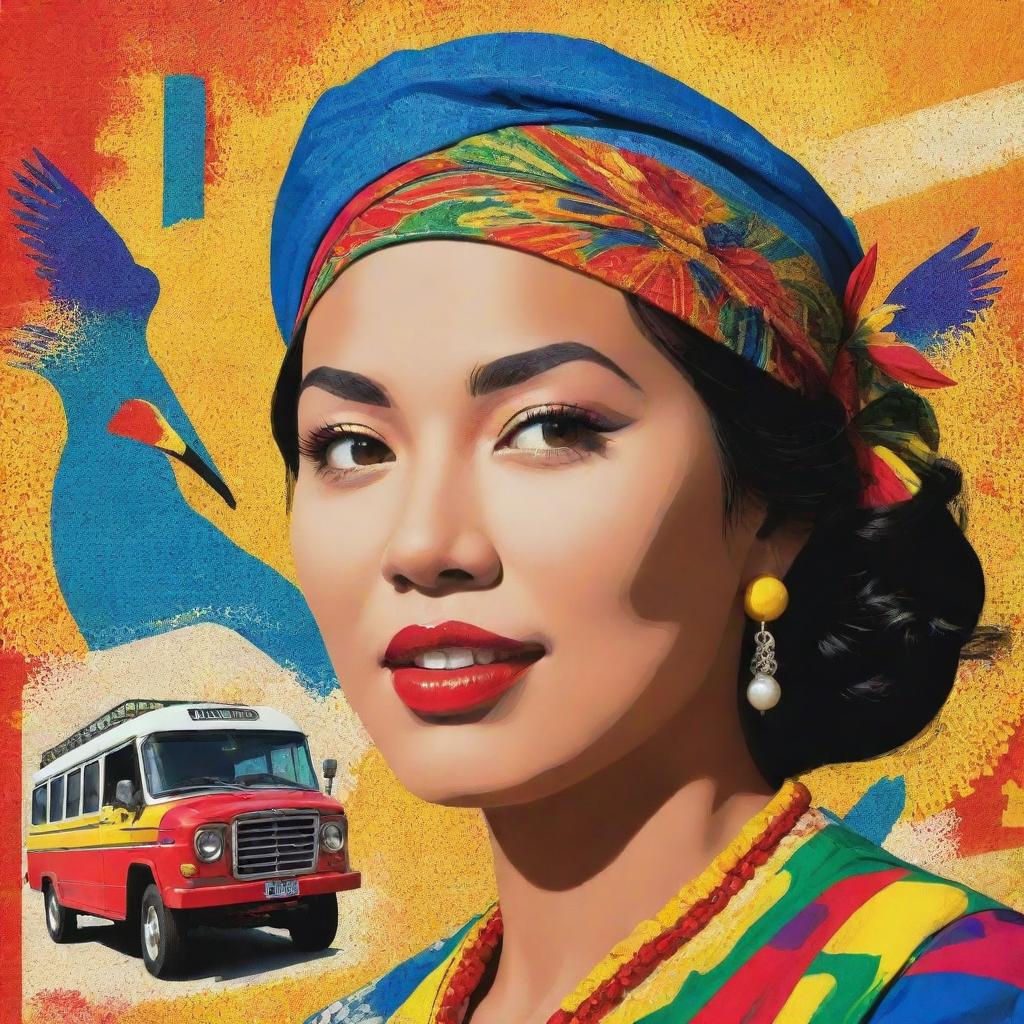 A pop art styled image featuring a vibrant Filipina woman in traditional attire. In the foreground are stylized, bold color representations of a jeepney, the Philippine archipelago, and a sunbird against a comic-like halftone background.