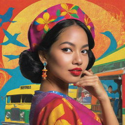 A pop art styled image featuring a vibrant Filipina woman in traditional attire. In the foreground are stylized, bold color representations of a jeepney, the Philippine archipelago, and a sunbird against a comic-like halftone background.