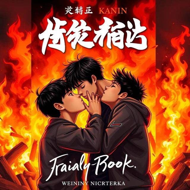 A dramatic and vibrant book cover featuring three Asian teenage boys passionately kissing in front of a roaring fire