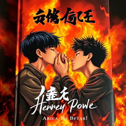 A dramatic and vibrant book cover featuring three Asian teenage boys passionately kissing in front of a roaring fire