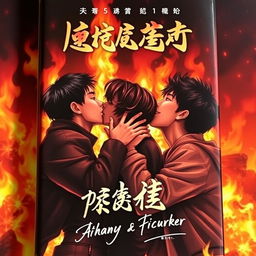 A dramatic and vibrant book cover featuring three Asian teenage boys passionately kissing in front of a roaring fire