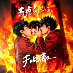 A dramatic and vibrant book cover featuring three Asian teenage boys passionately kissing in front of a roaring fire