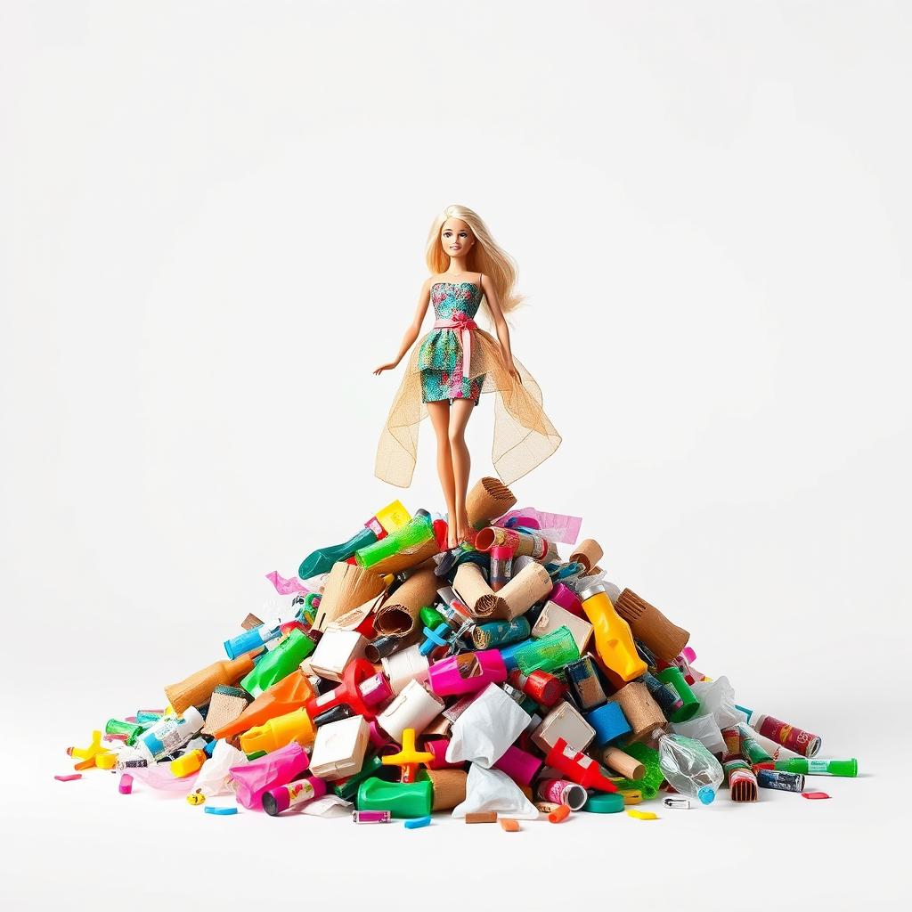 A striking image of a Barbie doll gracefully posed atop a mound of colorful recycled materials against a clean white background