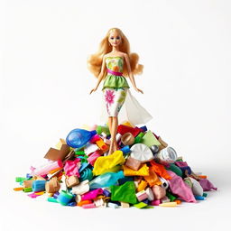 A striking image of a Barbie doll gracefully posed atop a mound of colorful recycled materials against a clean white background