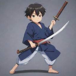 A young boy anime character, depicted in Japanese anime style, holding a sharp, gleaming katana in a ready stance, prepared for battle.