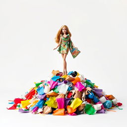 A striking image of a Barbie doll gracefully posed atop a mound of colorful recycled materials against a clean white background