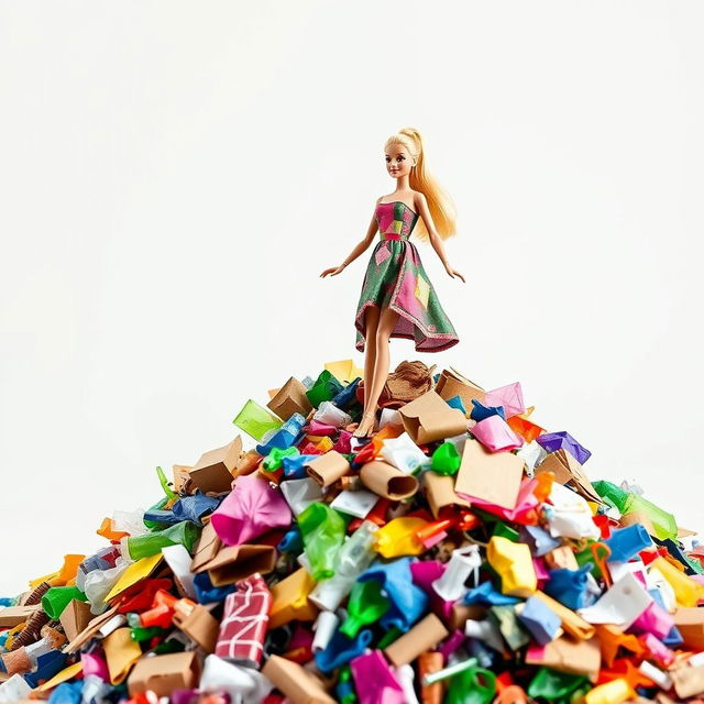 A striking image of a Barbie doll gracefully posed atop a mound of colorful recycled materials against a clean white background