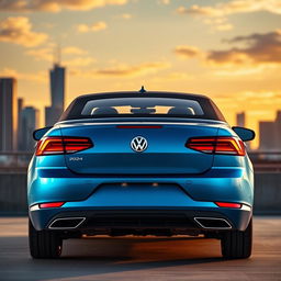 A sleek, modern rear view of a 2024 Volkswagen Eos, featuring a refined aerodynamic design, sharp LED taillights, and a sporty rear bumper