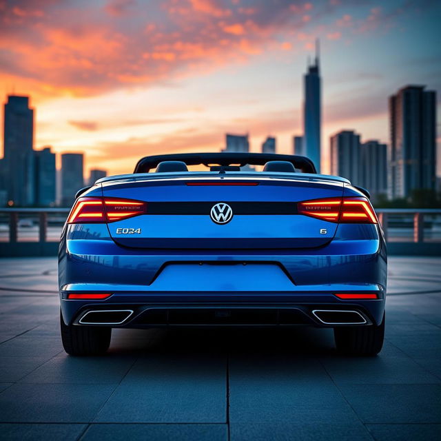 A sleek, modern rear view of a 2024 Volkswagen Eos, featuring a refined aerodynamic design, sharp LED taillights, and a sporty rear bumper