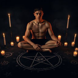 A striking cover photo featuring a shirtless young man in his late teens, sitting cross-legged at the center of an intricate pentagram drawn on a dark, mysterious surface