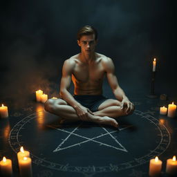 A striking cover photo featuring a shirtless young man in his late teens, sitting cross-legged at the center of an intricate pentagram drawn on a dark, mysterious surface