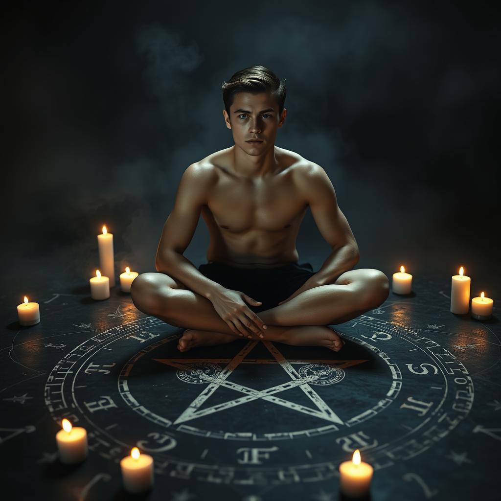 A striking cover photo featuring a shirtless young man in his late teens, sitting cross-legged at the center of an intricate pentagram drawn on a dark, mysterious surface