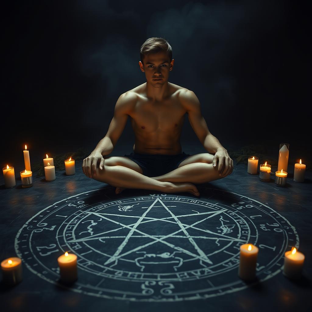 A striking cover photo featuring a shirtless young man in his late teens, sitting cross-legged at the center of an intricate pentagram drawn on a dark, mysterious surface