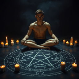 A striking cover photo featuring a shirtless young man in his late teens, sitting cross-legged at the center of an intricate pentagram drawn on a dark, mysterious surface