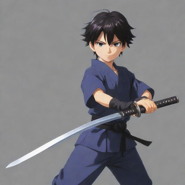 A young boy anime character, depicted in Japanese anime style, holding a sharp, gleaming katana in a ready stance, prepared for battle.